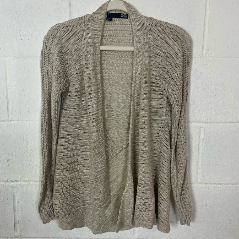 Eileen Fisher 100% Linen Open Cardigan Asymmetric Lagenlook‎ Neutral Minimal PS